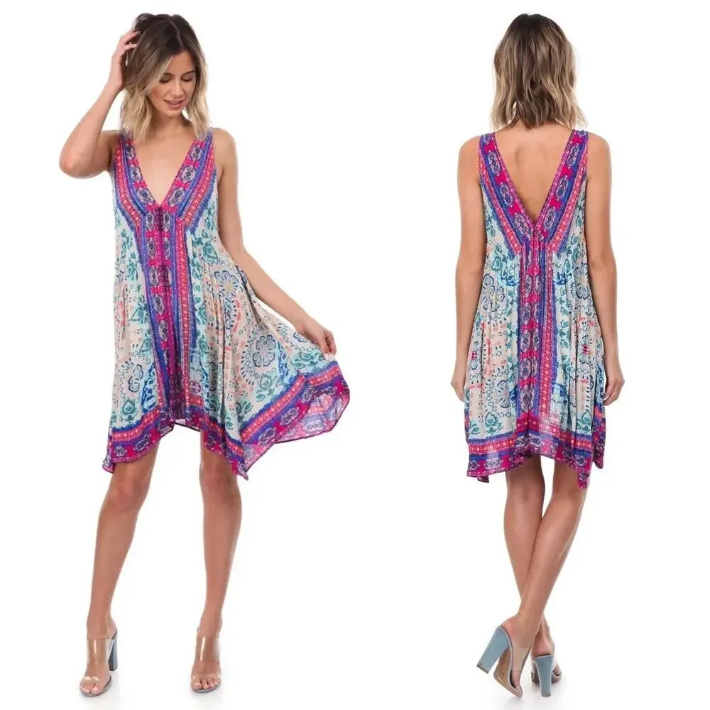 Free People Gypsy Trapeze Slip Dress Boho Asymmetrical Floral Mini Size Small